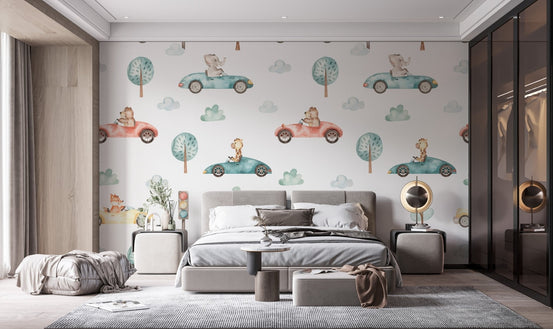 Woodland creatures race scene wallpaper with pastel animal cars.