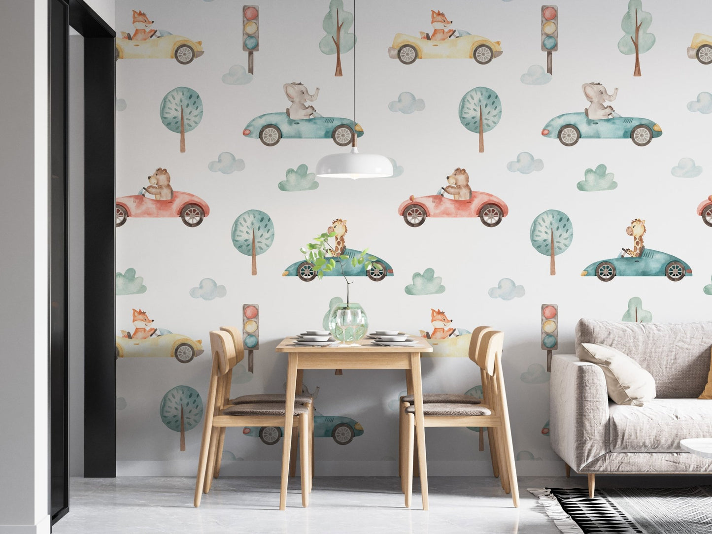 Forest creatures driving cars wallpaper with traffic lights.