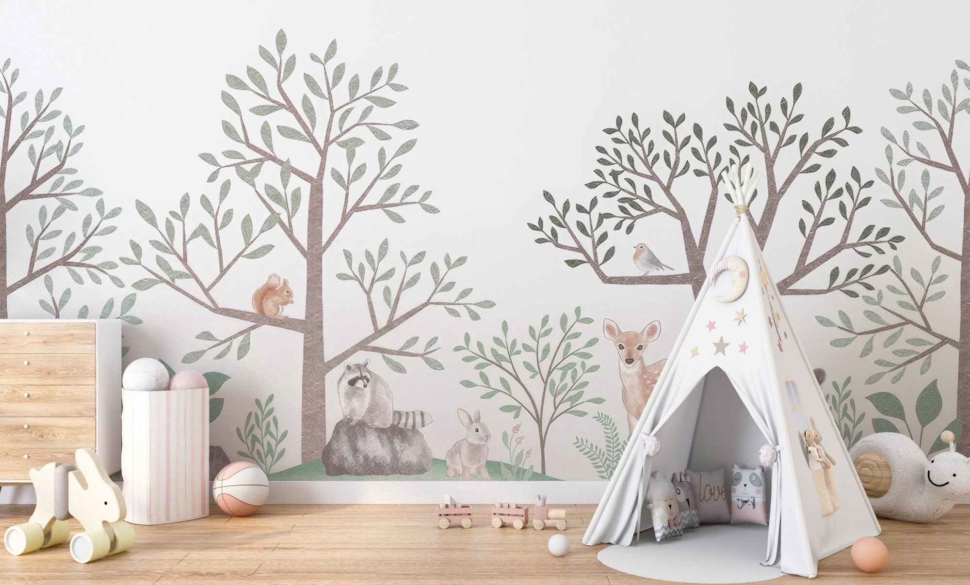 Woodland creatures wall mural with deer, bear, and forest trees.