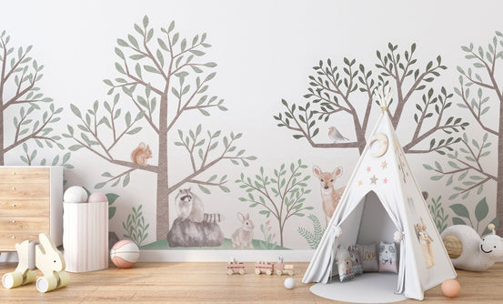 Woodland creatures wall mural with deer, bear, and forest trees.