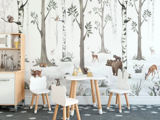 Woodland creatures wallpaper mural with deer bear and birch trees wallpaper.