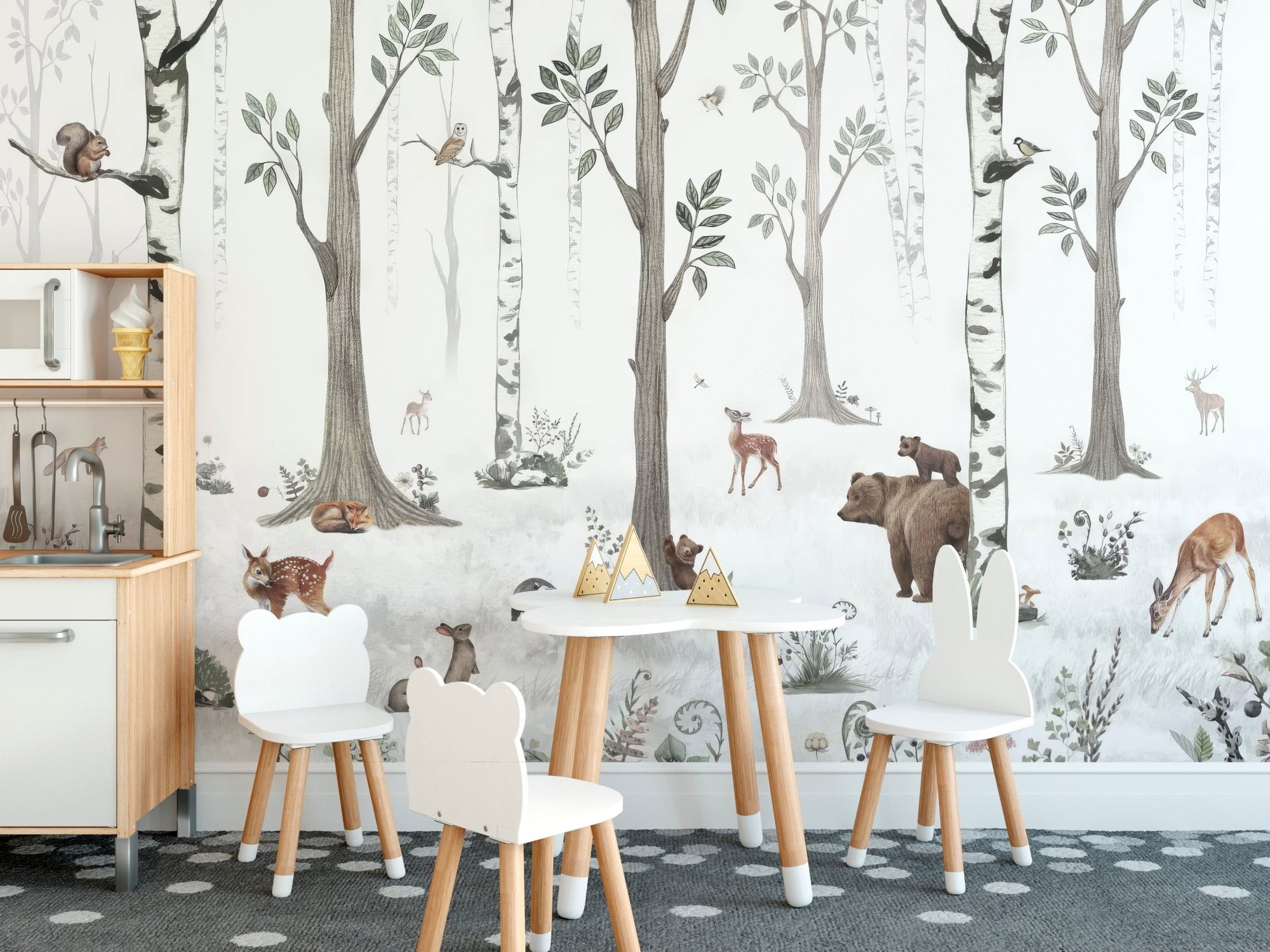 Woodland creatures wallpaper mural with deer bear and birch trees wallpaper.