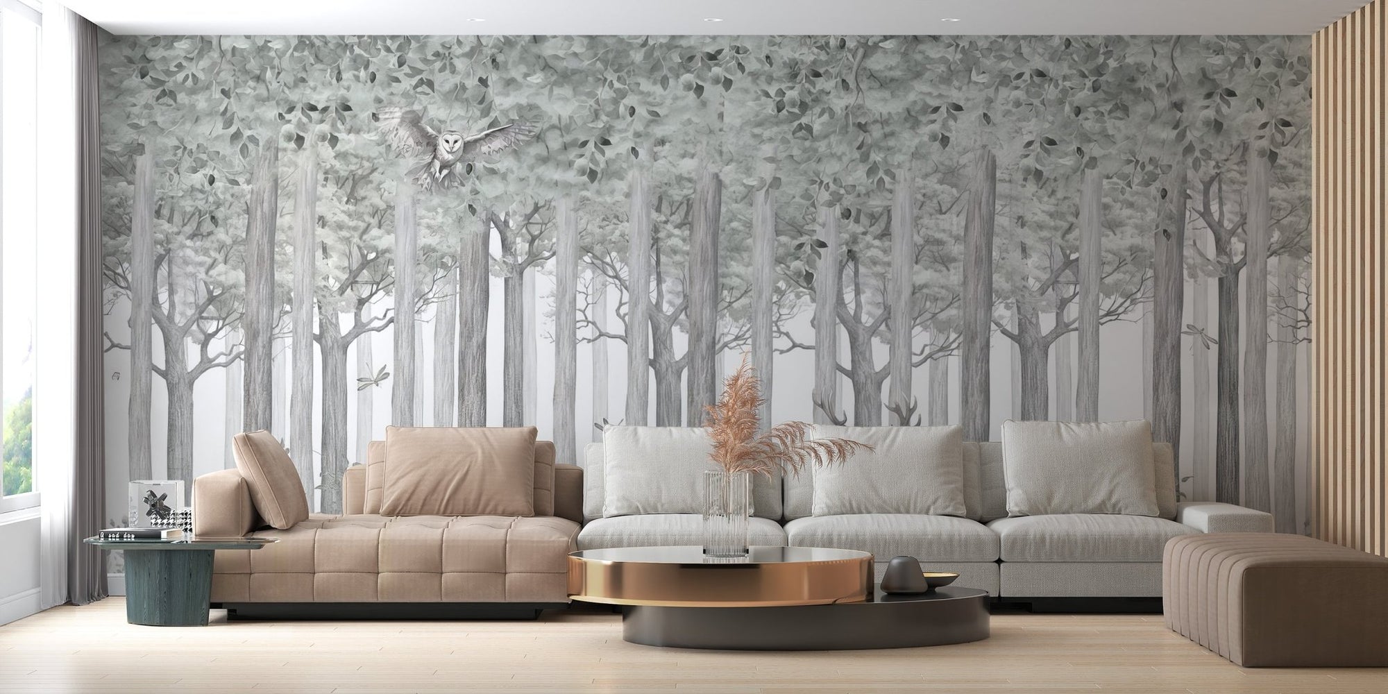 Woodland deer scene wall mural with grey forest and deer wallpaper.