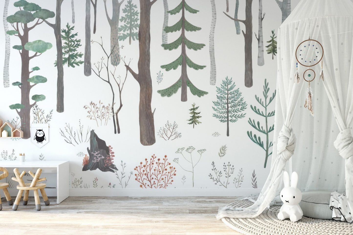Woodland dream wallpaper mural with illustrated trees wallpaper.
