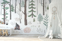 Woodland dream wallpaper mural with illustrated trees wallpaper.