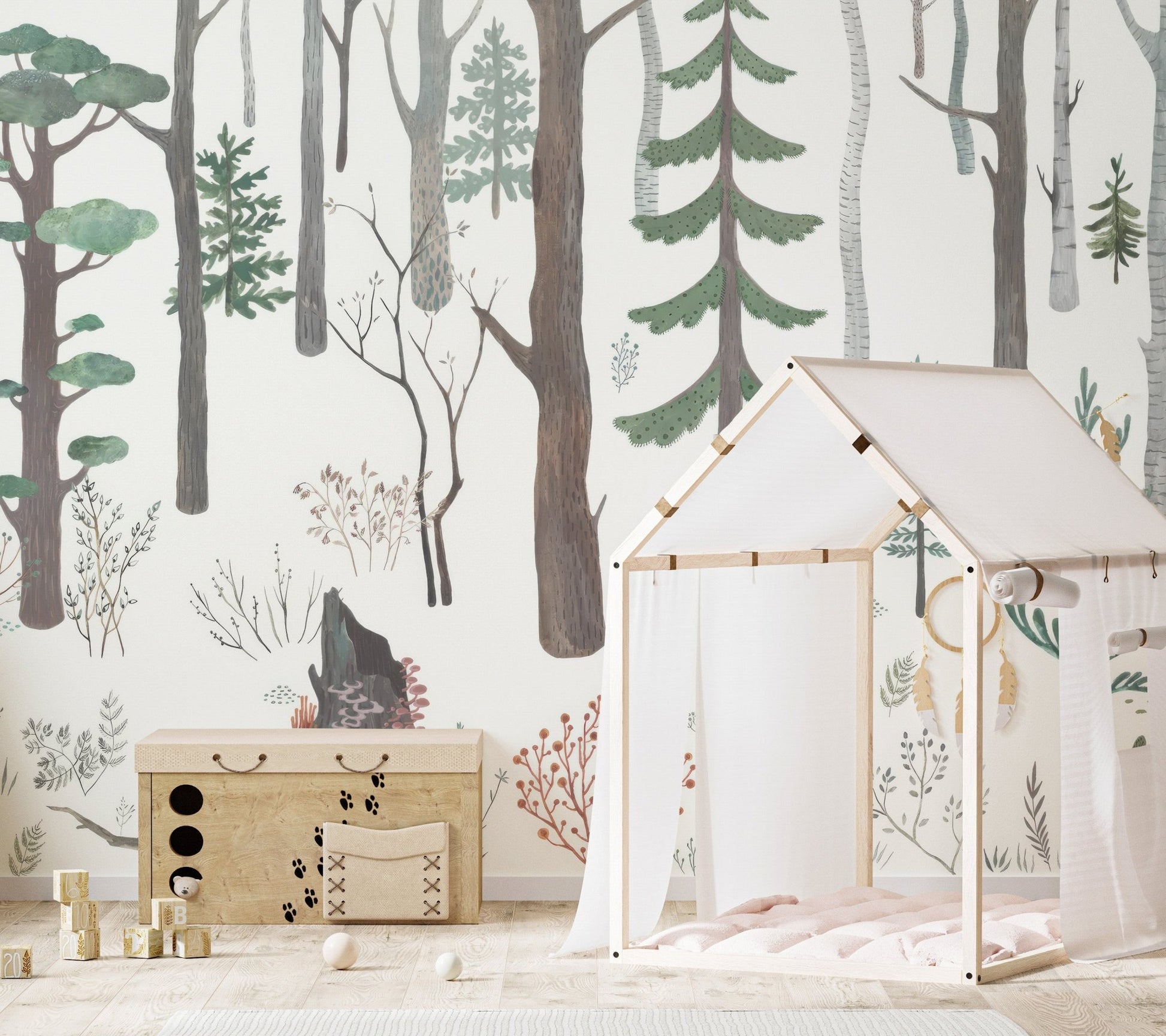 Minimal woodland illustration wallpaper wall mural in neutral tones.