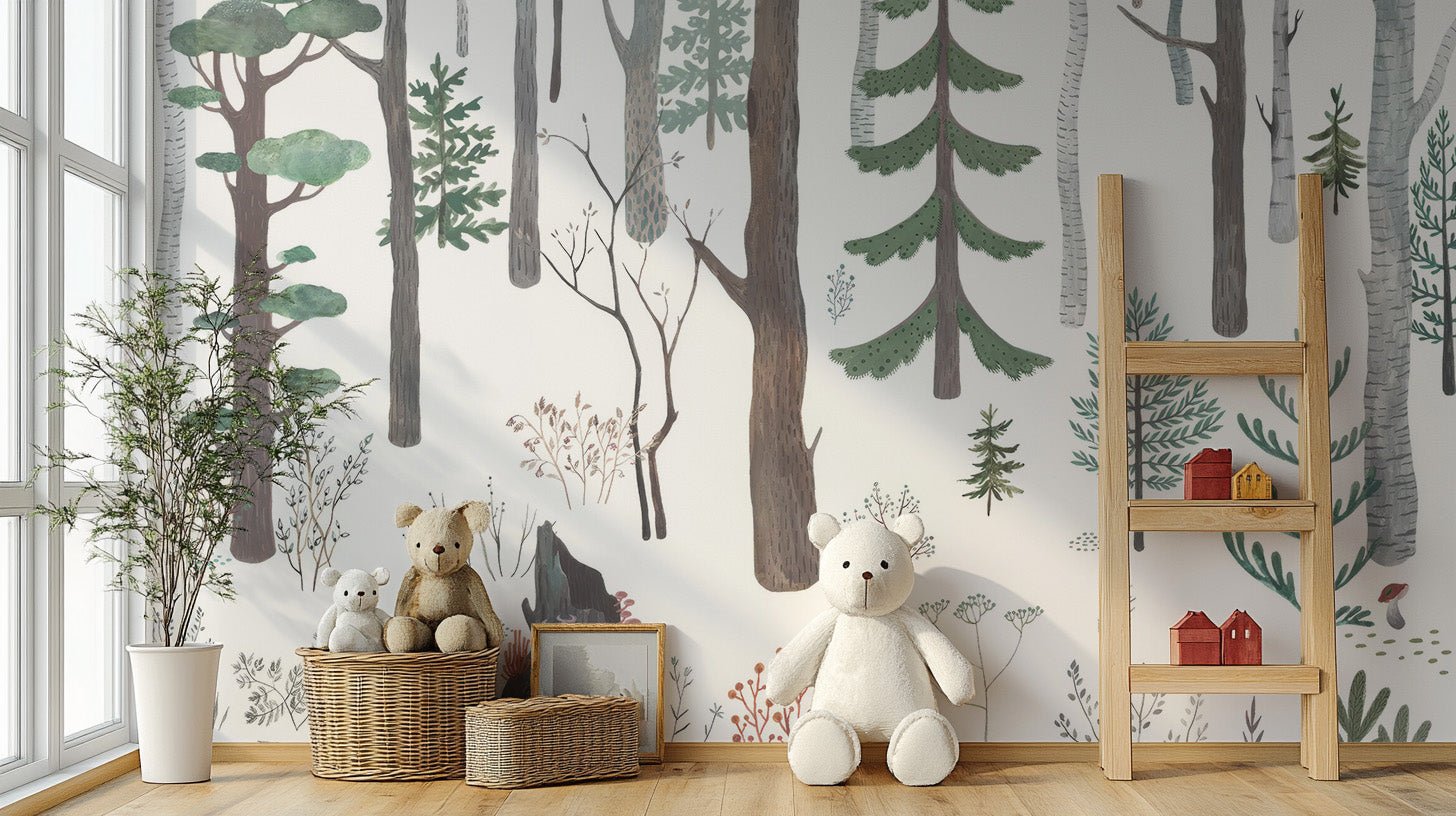 Modern woodland scene wallpaper wall mural with delicate foliage.