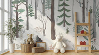 Modern woodland scene wallpaper wall mural with delicate foliage.