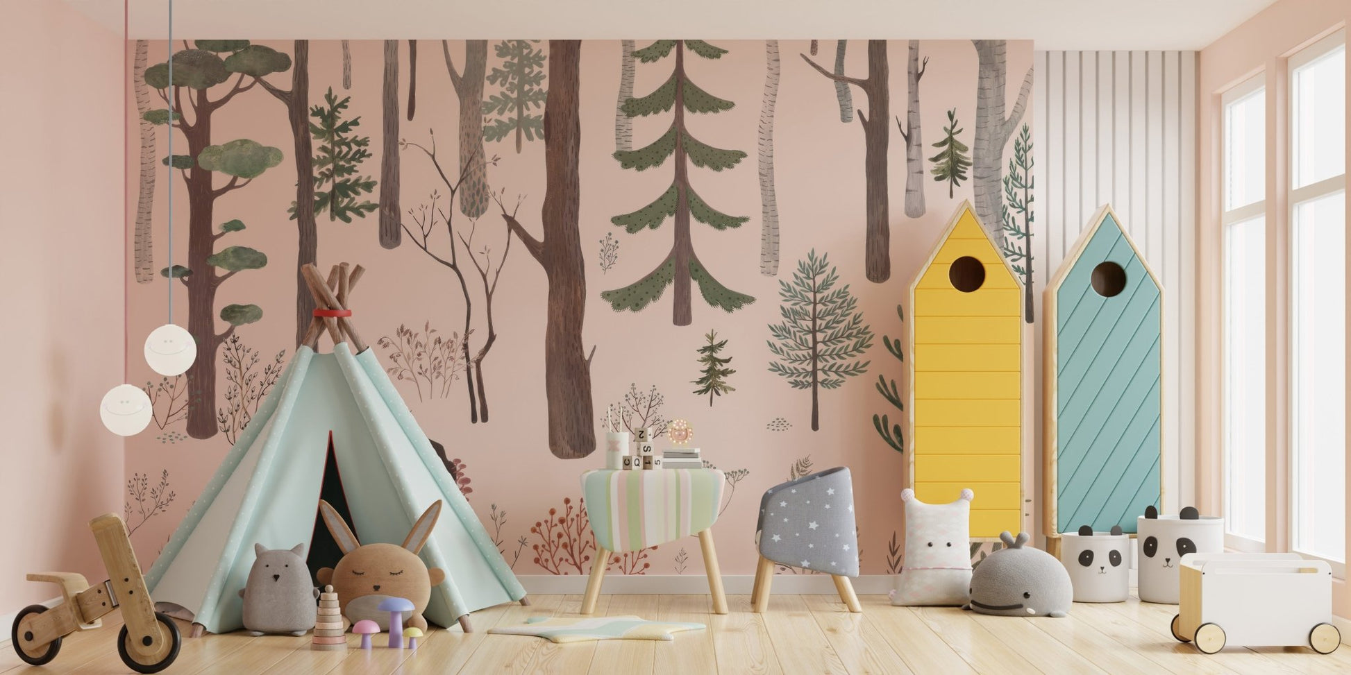 Scandinavian style woodland trees wallpaper wall mural pattern.