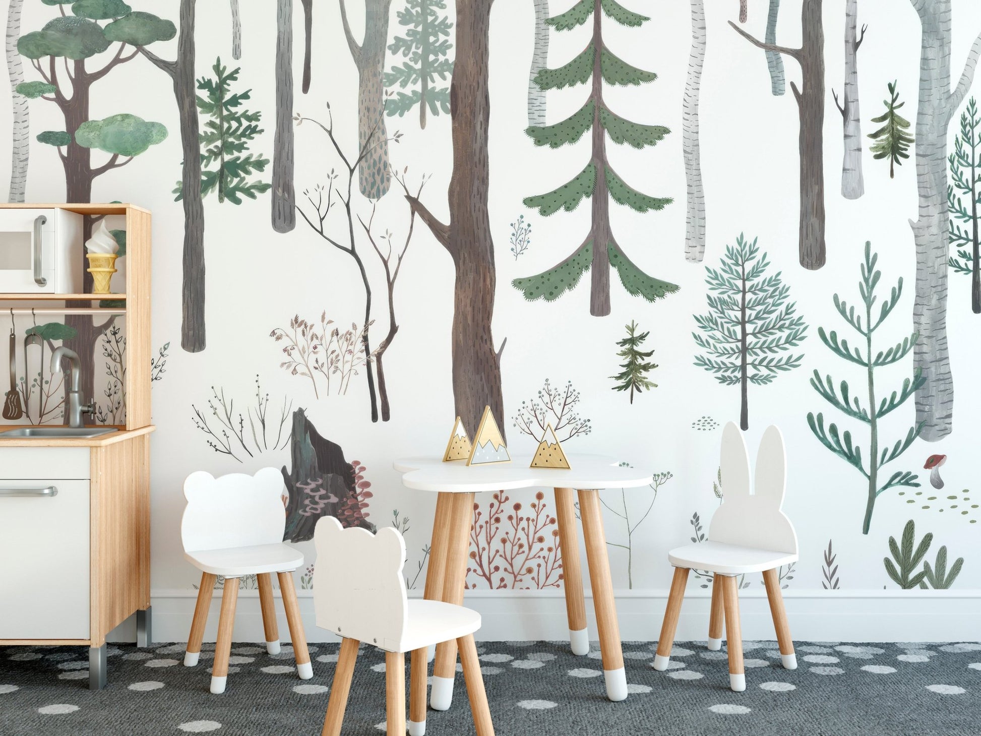 Soft green and brown woodland wallpaper wall mural aesthetic.