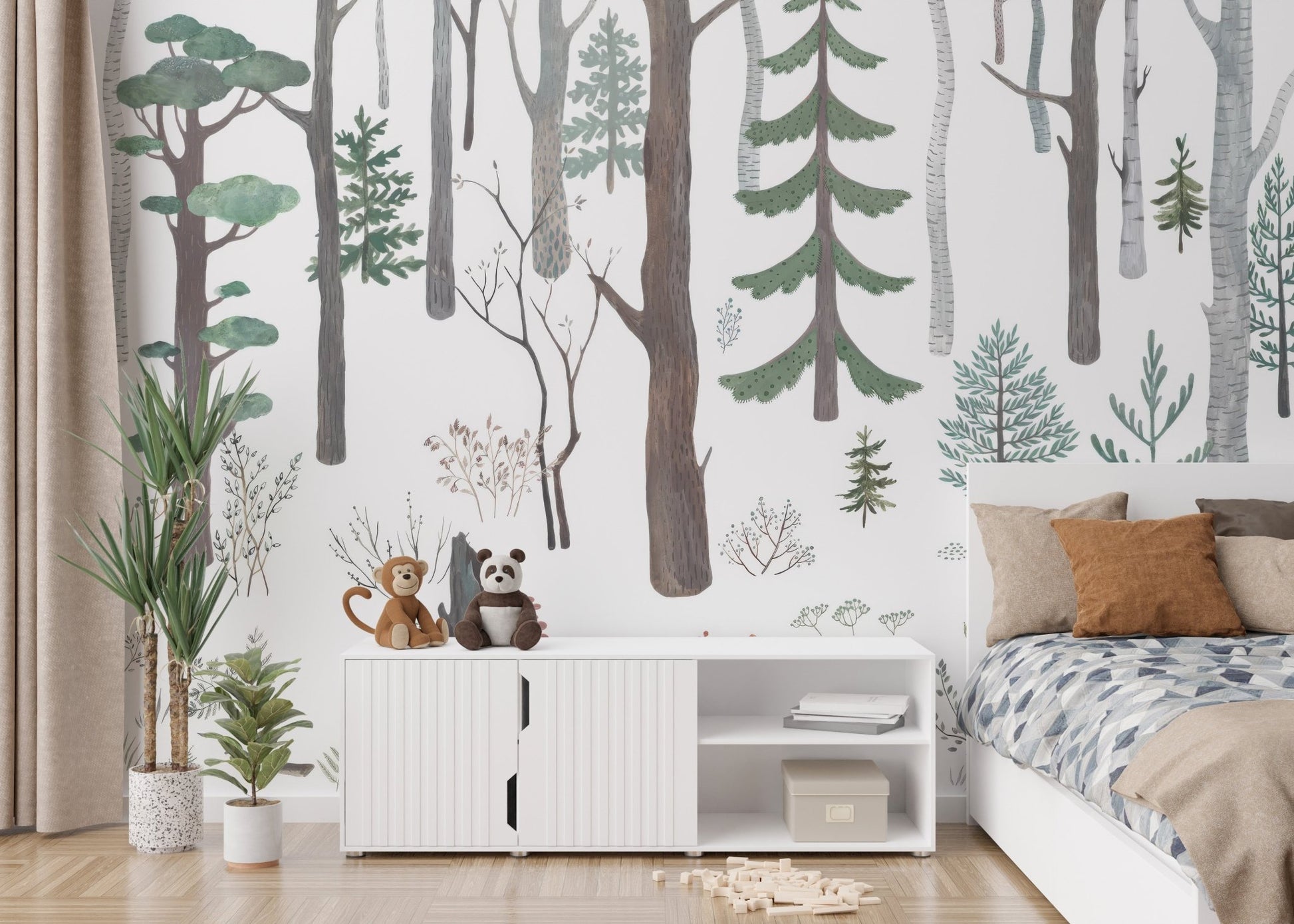 Soft forest trees wall mural wallpaper in muted green and brown color.
