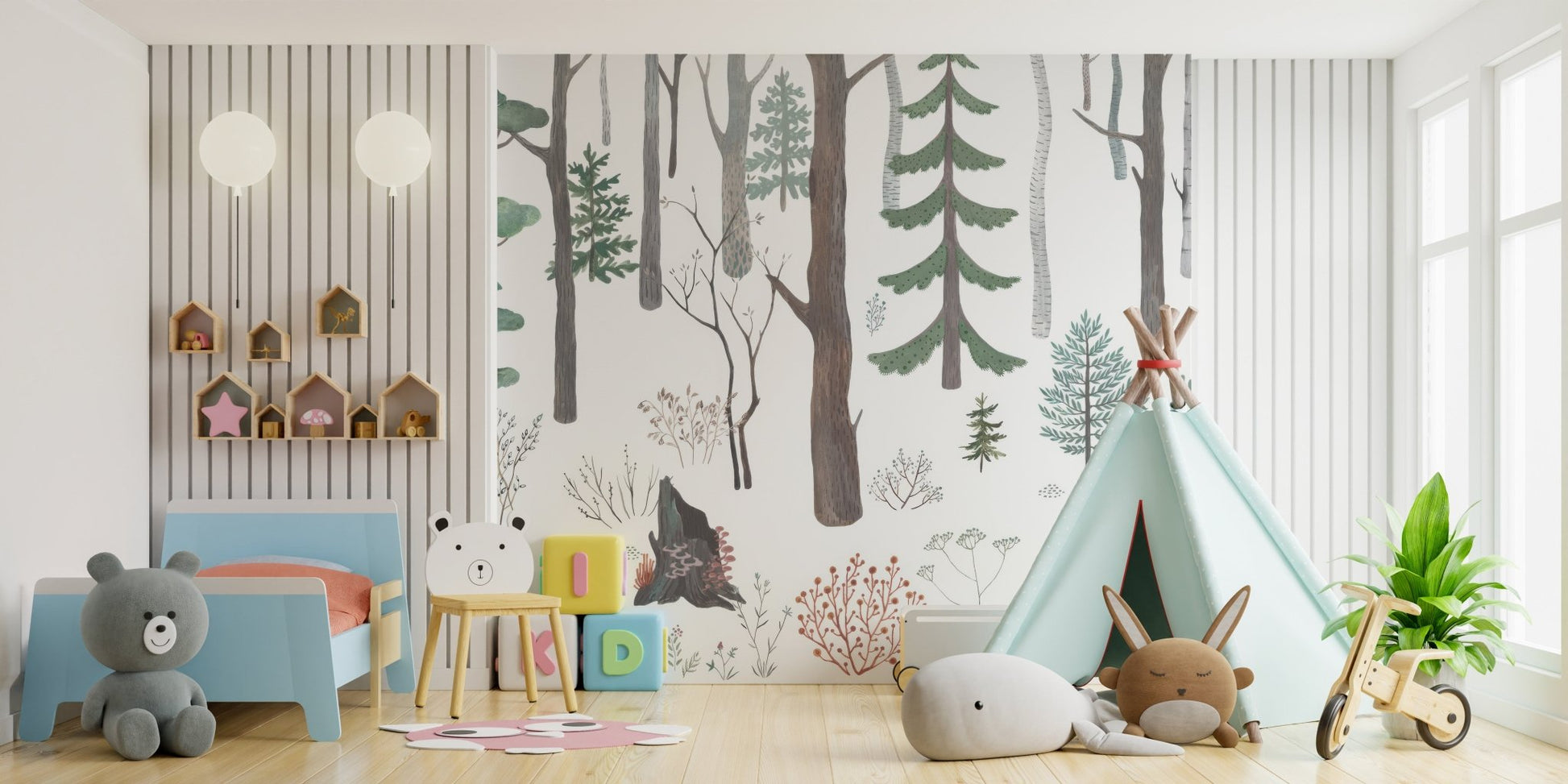 Subtle woodland botanical wallpaper wall mural in soft gray shade.