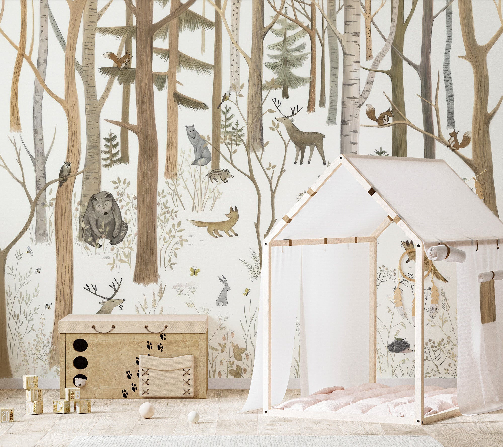 Woodland forest friends wall mural with deer and fox in soft neutral color.