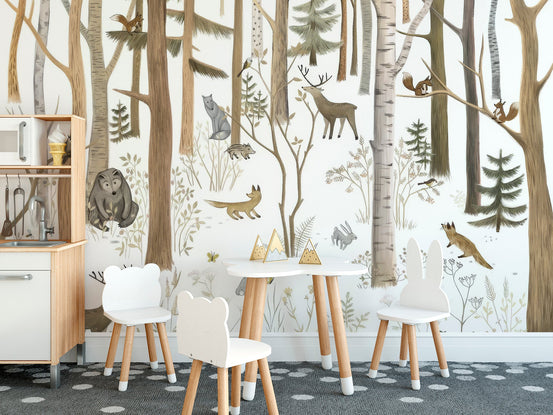 woodland wallpaper with deer and woodland creatures.
