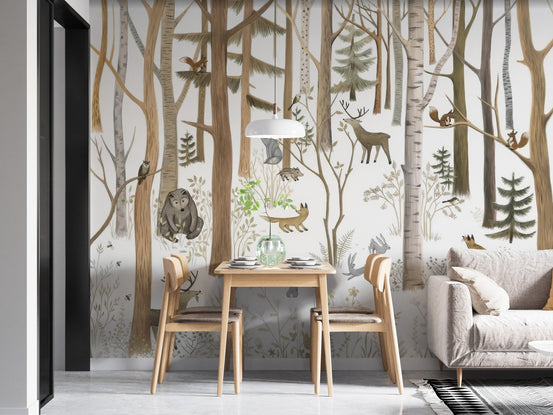 Watercolor woodland animals wallpaper with trees and birds in beige tones.