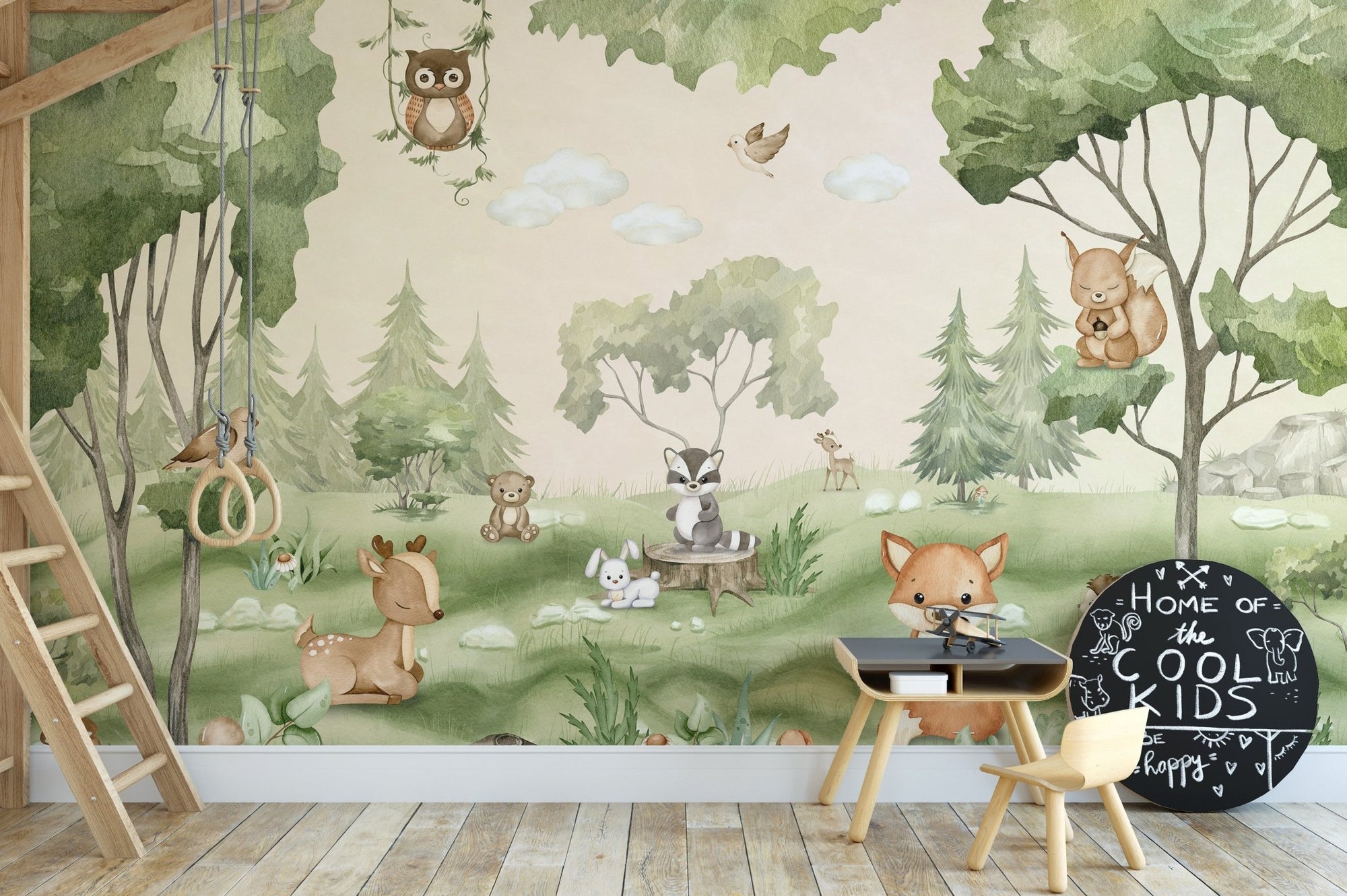 Woodland joy kids wall mural with watercolor fox and deer.