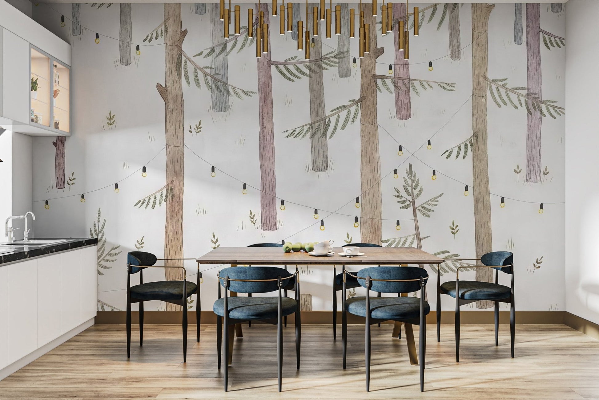Pastel forest wallpaper mural with whimsical hanging lights.