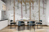 Pastel forest wallpaper mural with whimsical hanging lights.