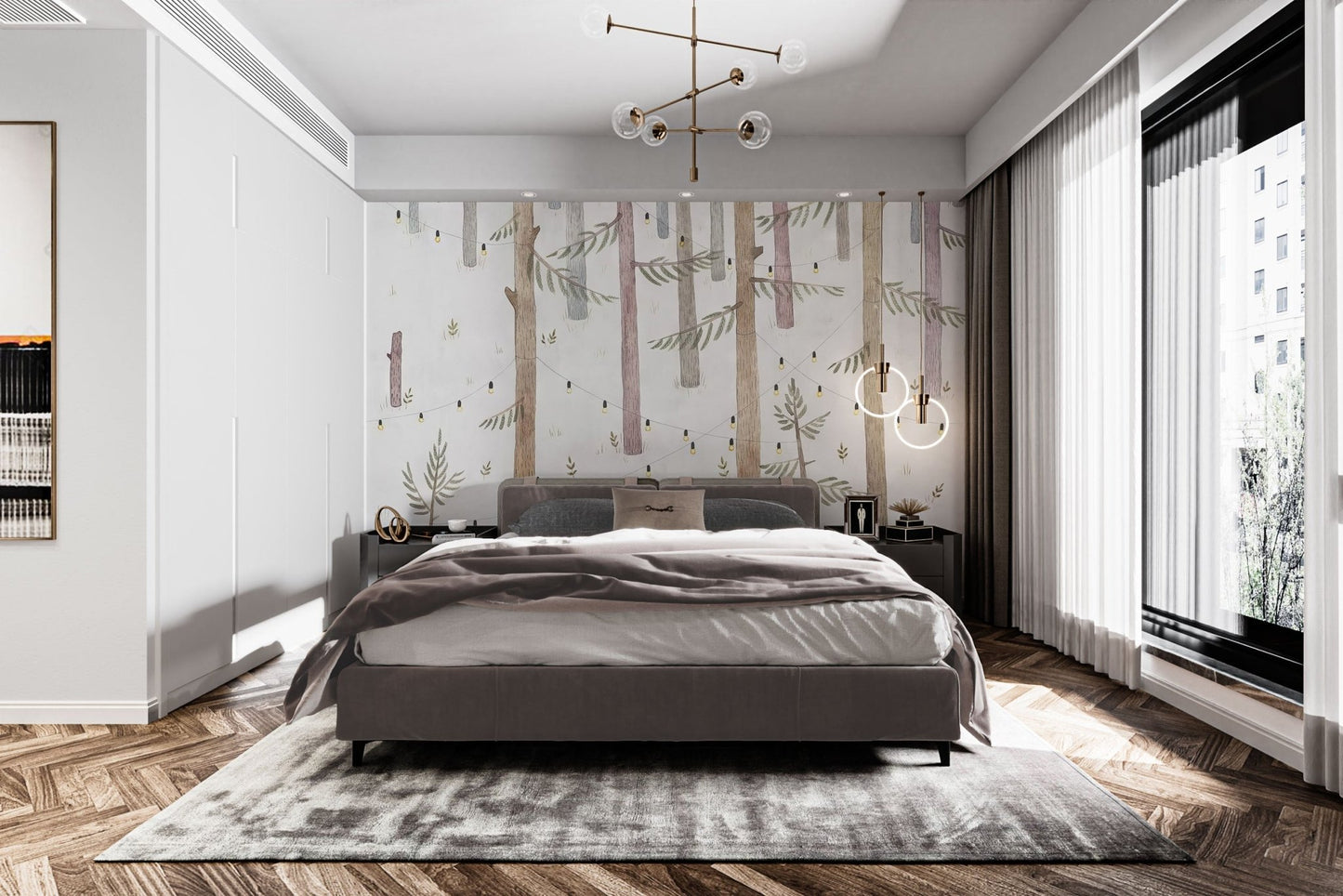 Woodland lights wall mural with pastel trunks and garland lights.