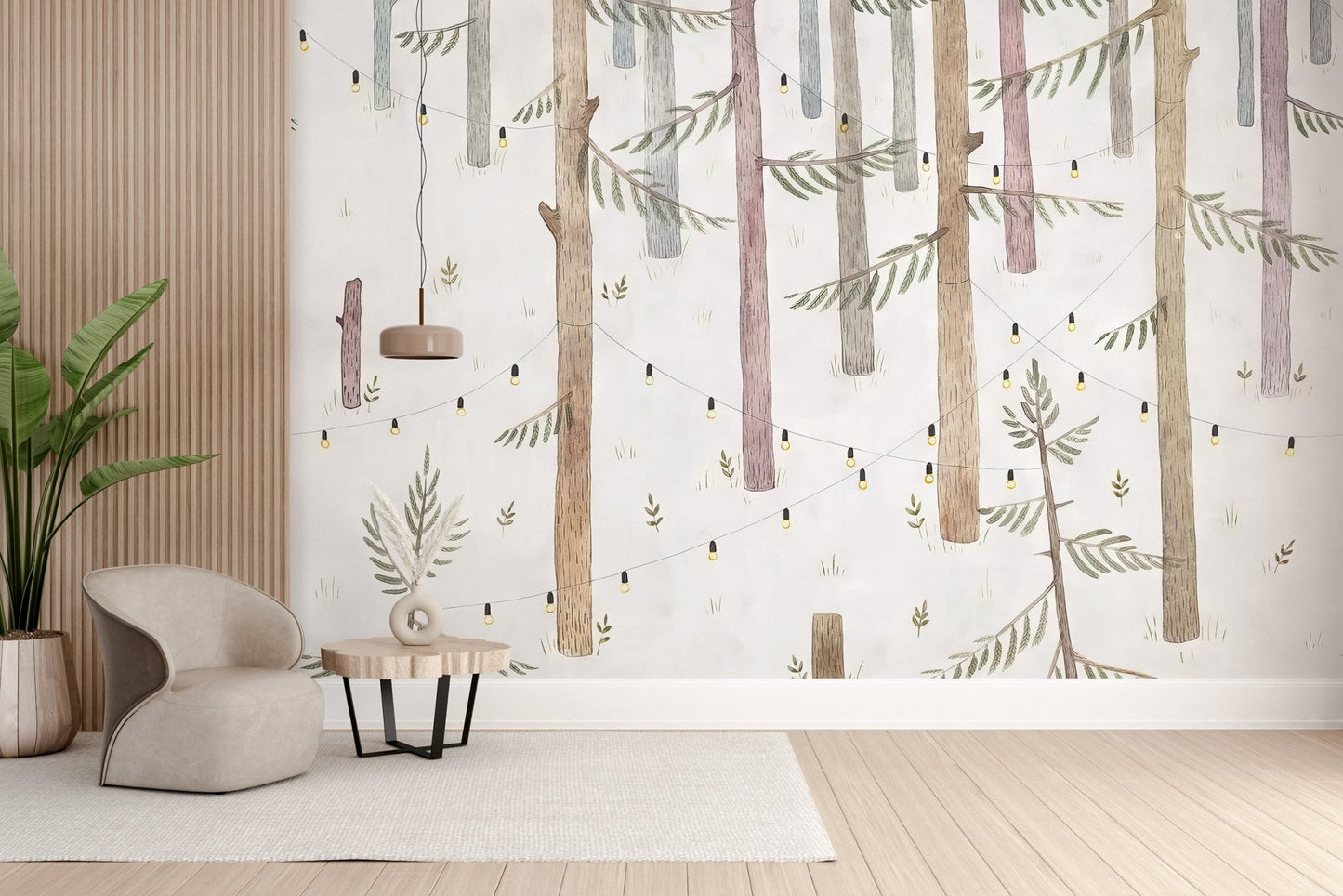 Woodland lights wallpaper mural with pastel trees and hanging bulbs.