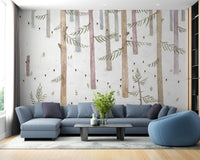 Calm woodland wall mural with vertical tree illustration.