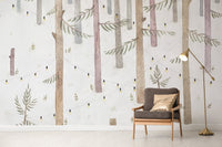 Minimal tree pattern wallpaper mural in soft woodland lights.