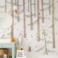 Scandinavian style tree wallpaper mural with warm light accents.