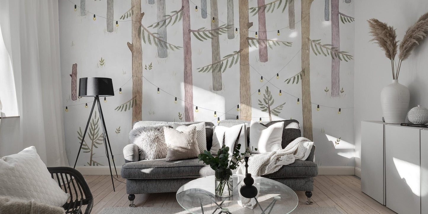 Minimal woodland wallpaper mural in muted earth tone color.