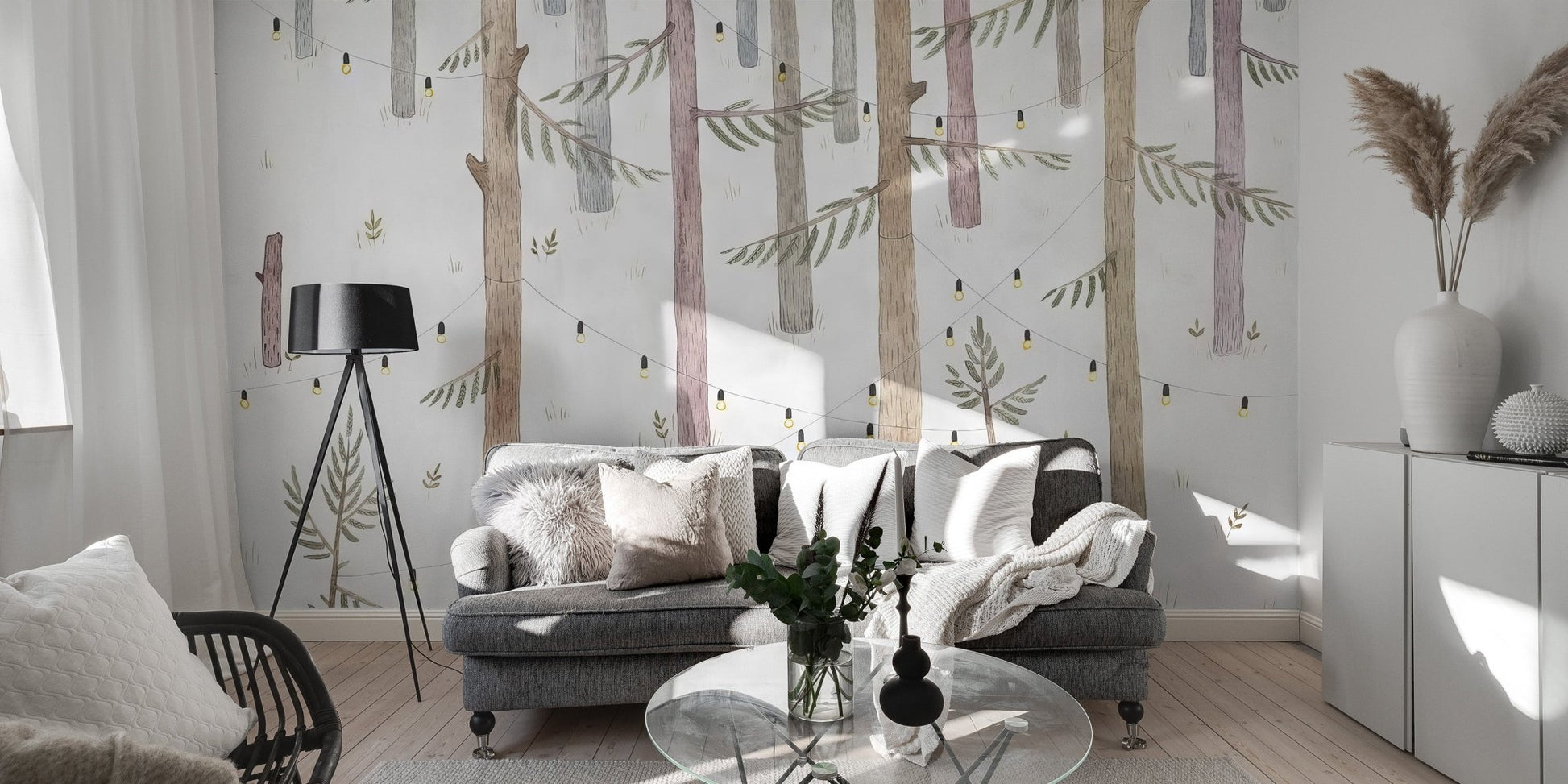Minimal woodland wallpaper mural in muted earth tone color.