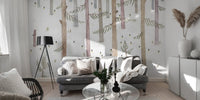 Minimal woodland wallpaper mural in muted earth tone color.