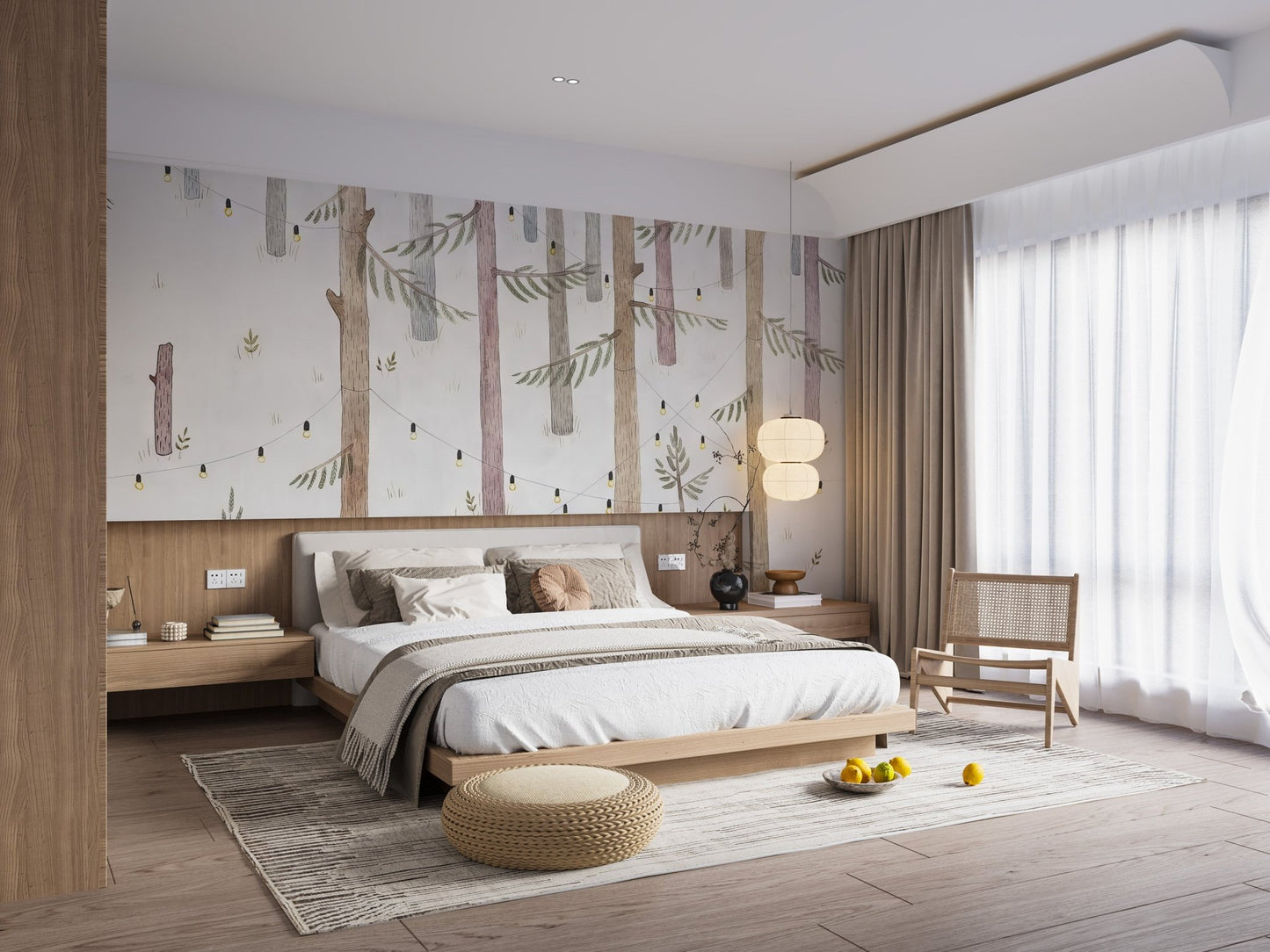 Artistic forest light wallpaper mural with delicate branch details.