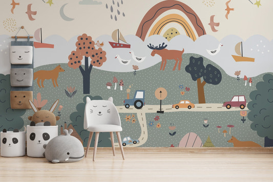 Woodland nursery wallpaper with friendly foxes and tall trees.