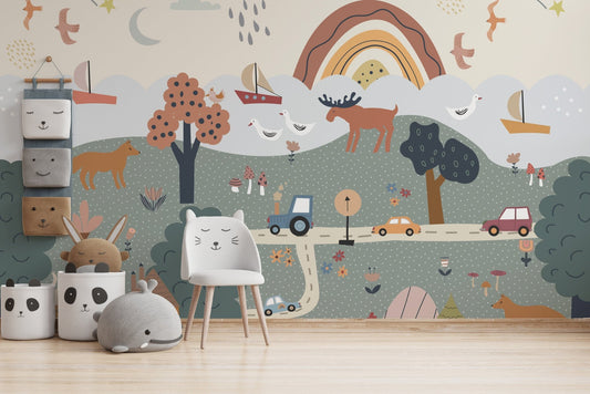 Woodland nursery wallpaper with friendly foxes and tall trees.