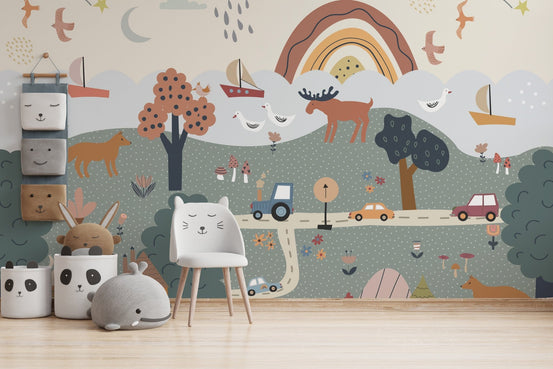 Woodland nursery wallpaper with friendly foxes and tall trees.