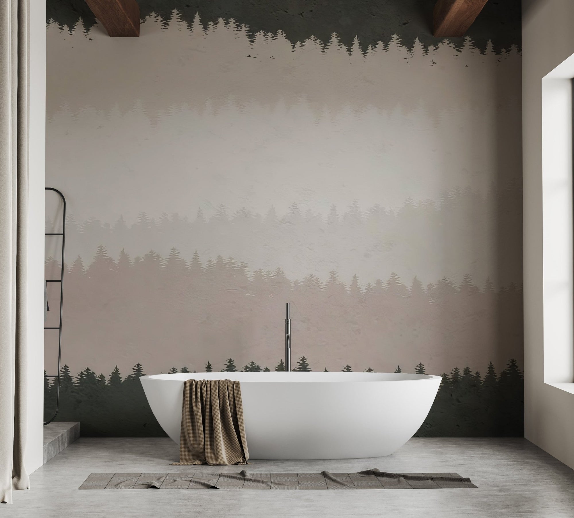 Woodland shades wallpaper mural with layered pine forest silhouettes.