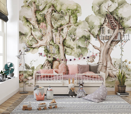 Treehouse forest wallpaper with neutral tones and animal accents.