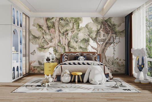 Woodland treehouse wall mural with watercolor forest wallpaper design.