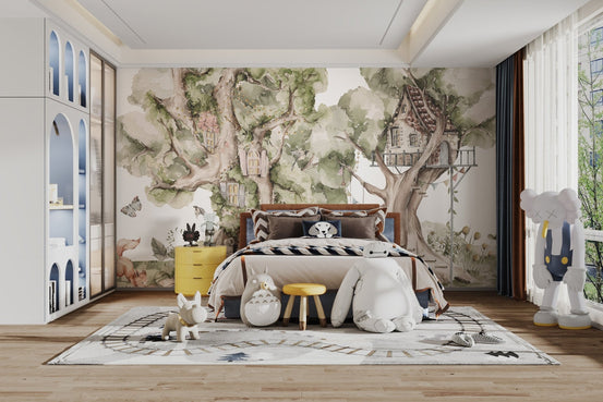Woodland treehouse wall mural with watercolor forest wallpaper design.