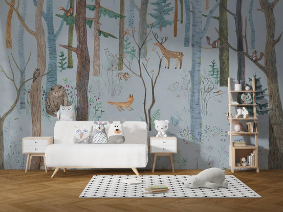 Modern woodland animals wallpaper mural with fox deer and birds.