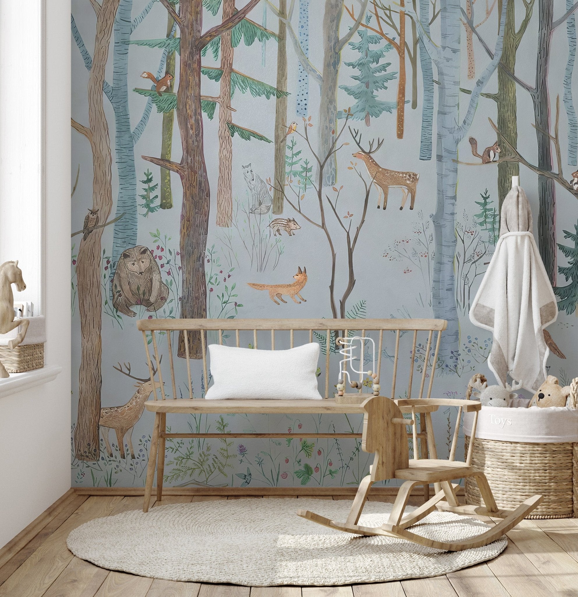 Woodland wildlife wallpaper mural with deer fox and forest trees wallpaper.