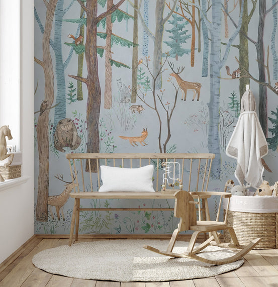 Woodland wildlife wallpaper mural with deer fox and forest trees wallpaper.
