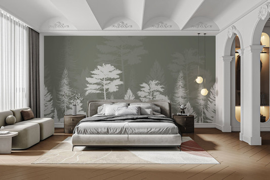 Woods shadow wallpaper mural muted sage forest wallpaper design.