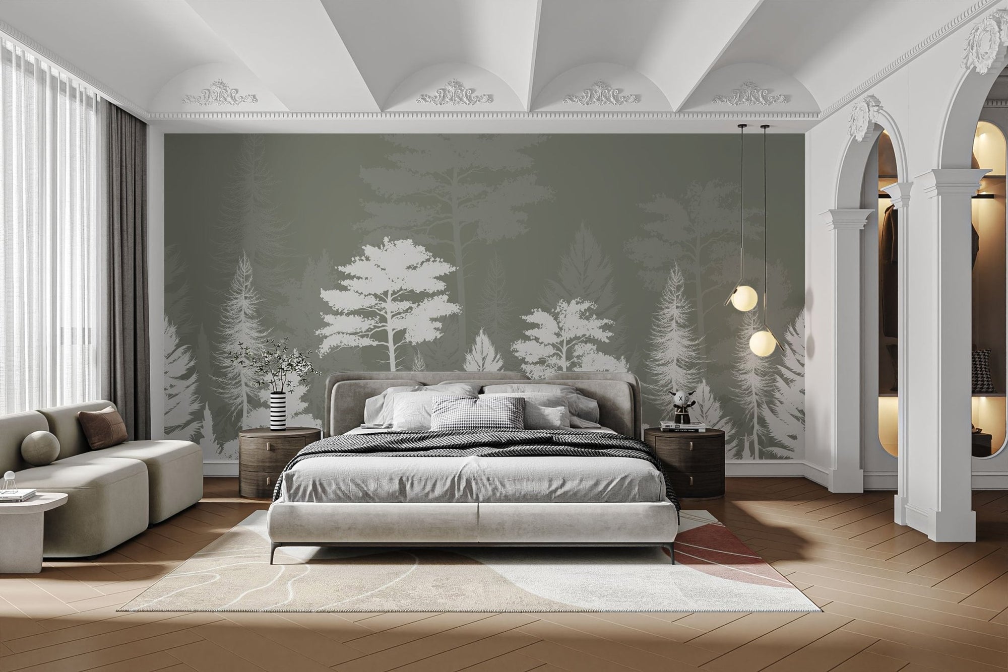 Woods shadow wallpaper mural muted sage forest wallpaper design.