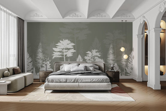 Woods shadow wallpaper mural muted sage forest wallpaper design.