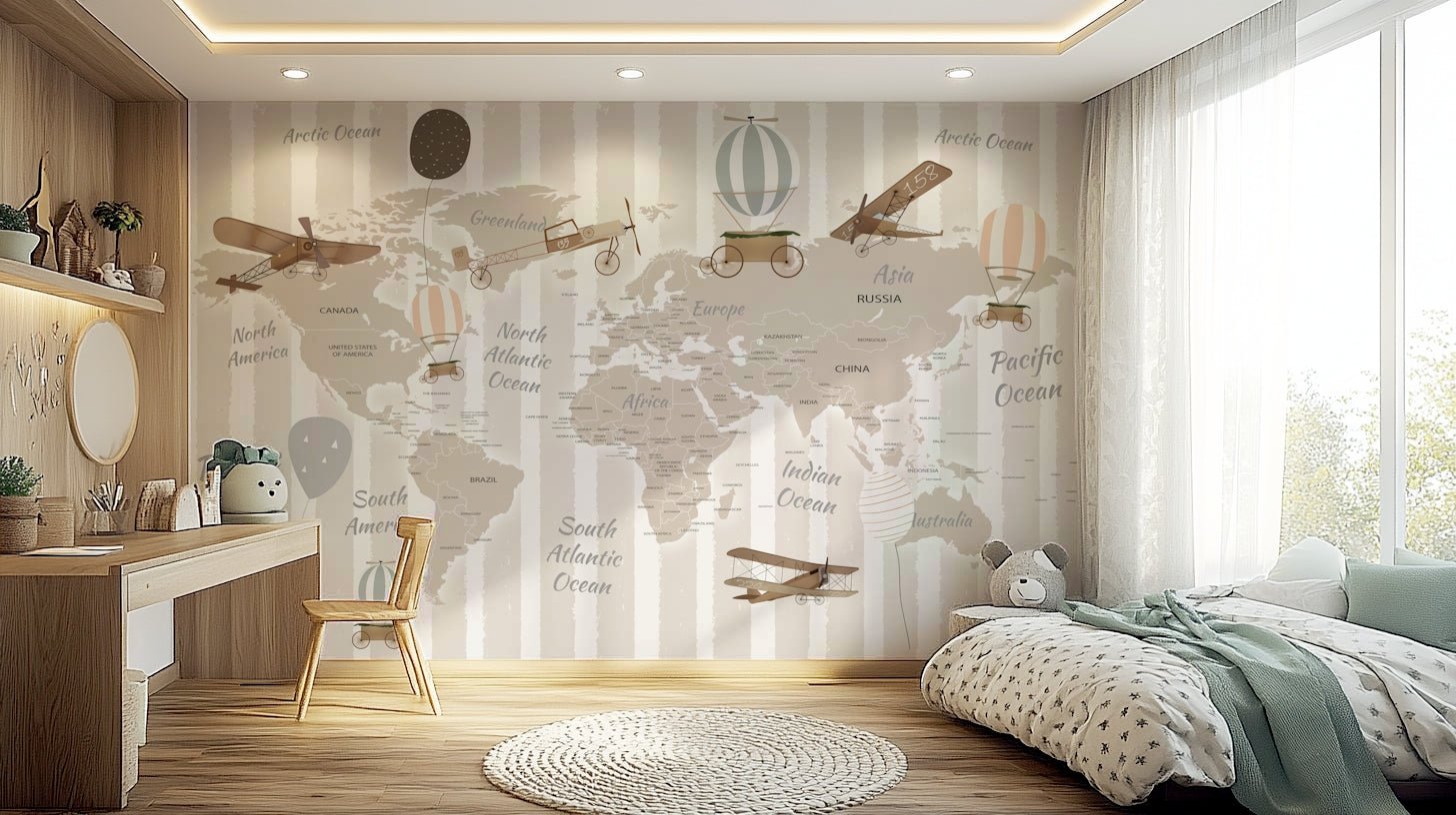 World Explorers Map Wall Mural in vintage sepia tones for kids room.