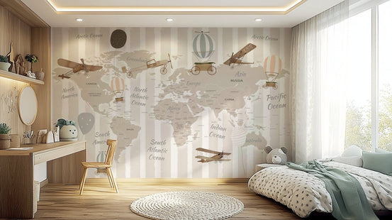 World Explorers Map Wall Mural in vintage sepia tones for kids room.