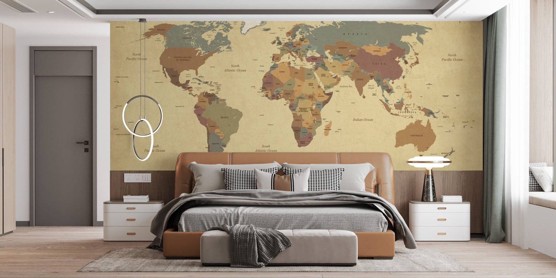 Bedroom interior featuring a world map wall mural behind a dark bed frame.