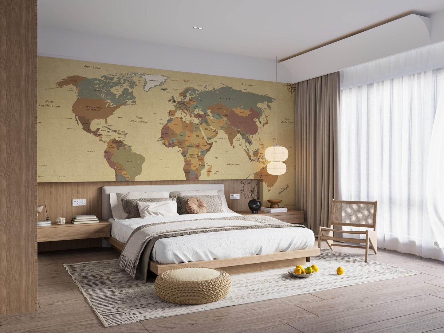 Antique World Map Wallpaper Mural for modern bedroom setting.
