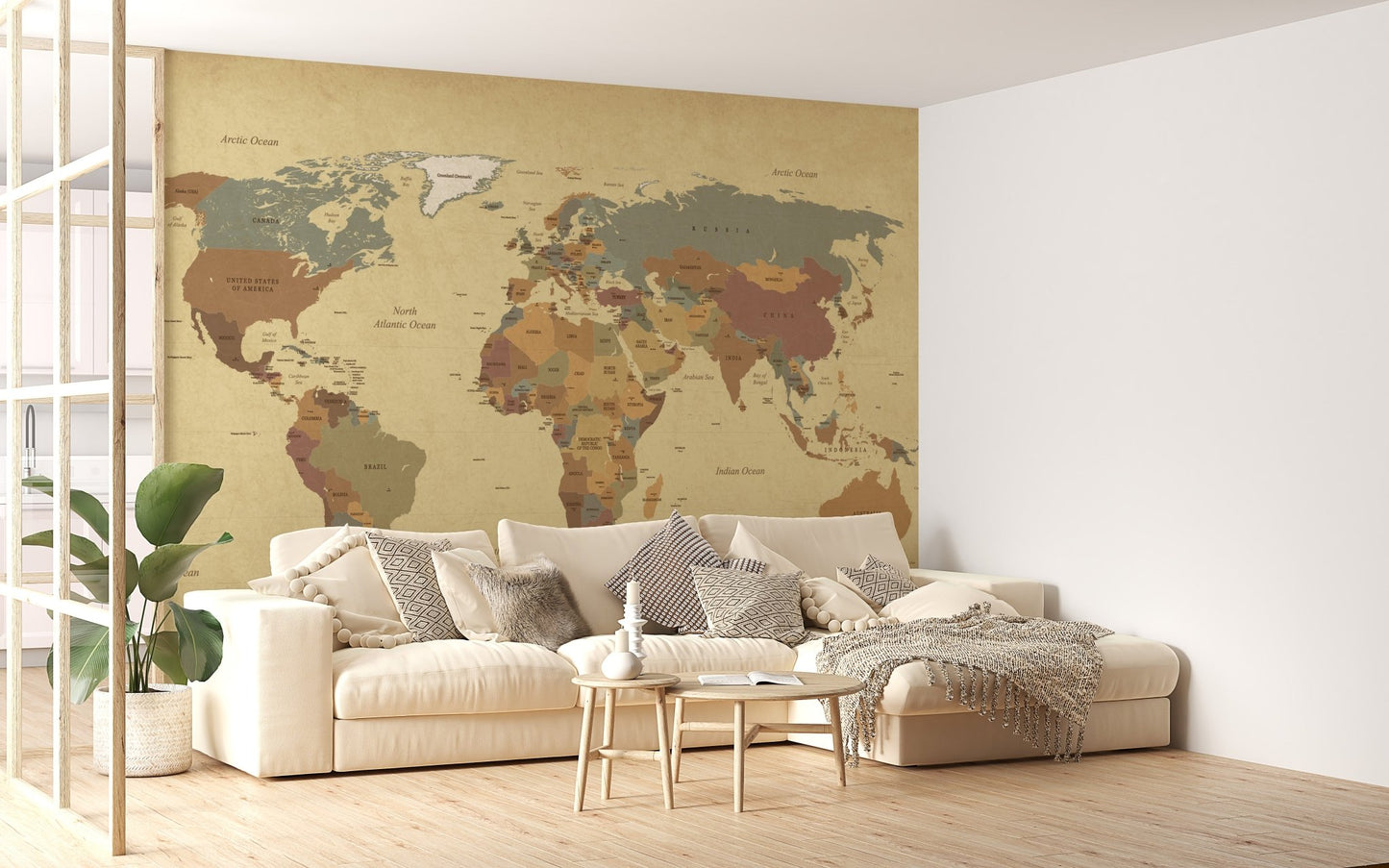 Antique World Map Wall Mural for bright living room.