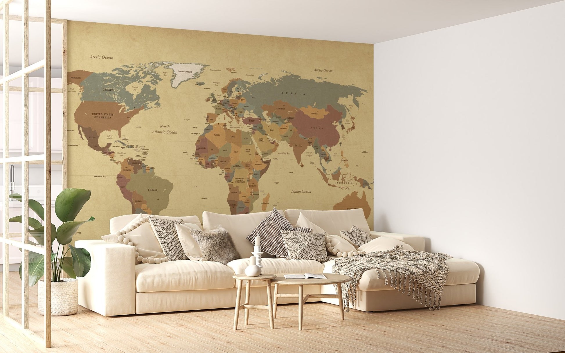 Antique World Map Wall Mural for bright living room.
